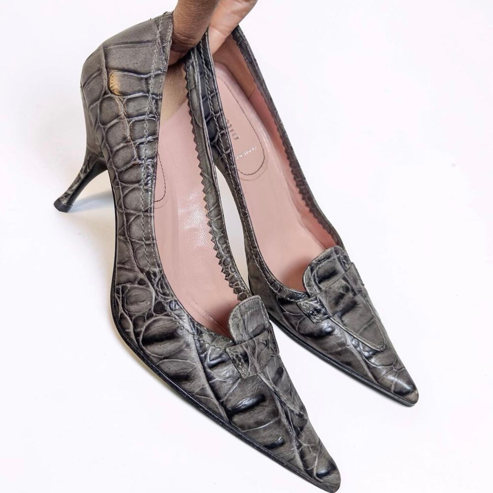 Y2K Miu Miu Croc Embossed Pointed Toe Kitten Heels 37.5